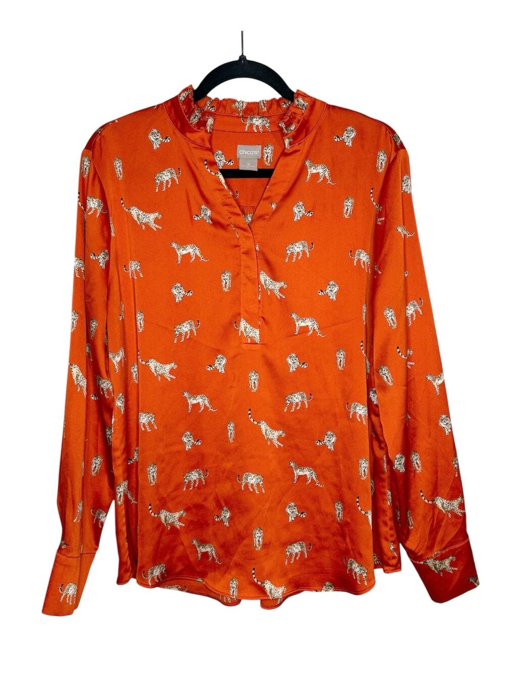 Chico’s Women’s Sz L Sz 2 Satin Button Down Blouse Orange Leopard Print Ruffle